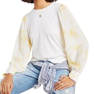 RO & DE White Yellow Tie Dye Puff Sleeve Waffle Knit Peplum Blouse, Size M, New